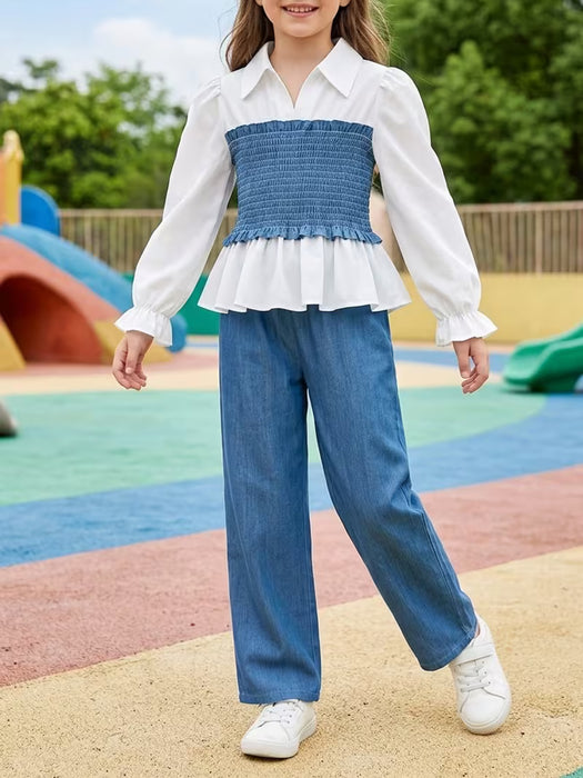 Conjunto de 2 piezas para niña con camisa de cuello con muescas y pantalón de pierna ancha