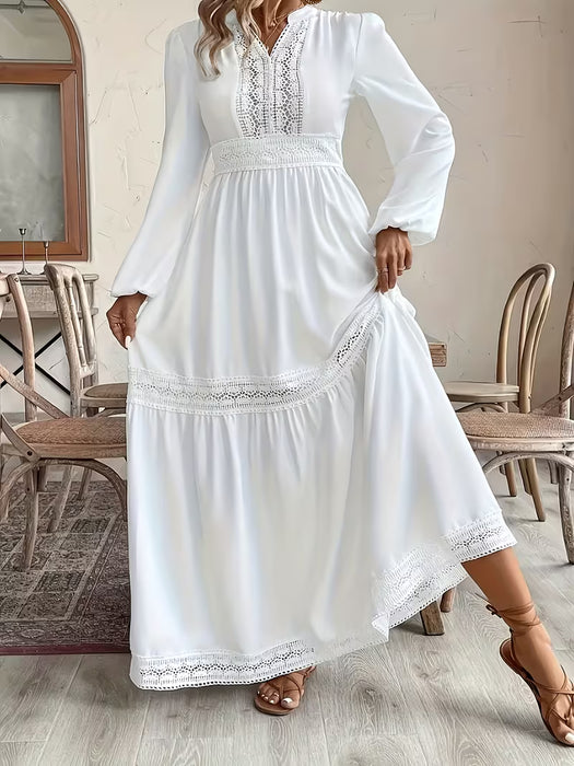 Vestido largo acampanado con encaje y aberturas, manga tipo farol, para mujer