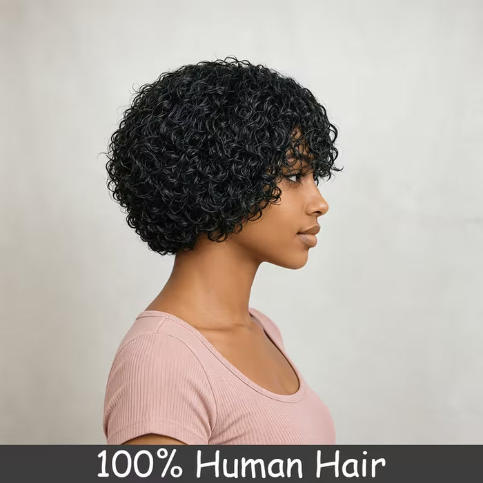 Peluca Bob Corta y Larga Negra con Flequillo, Cabello Humano con Aspecto Natural de 8 pulgadas