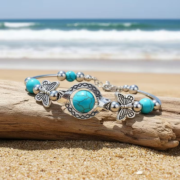 Pulsera turquesa vintage hecha a mano, cuentas de la suerte de mariposa