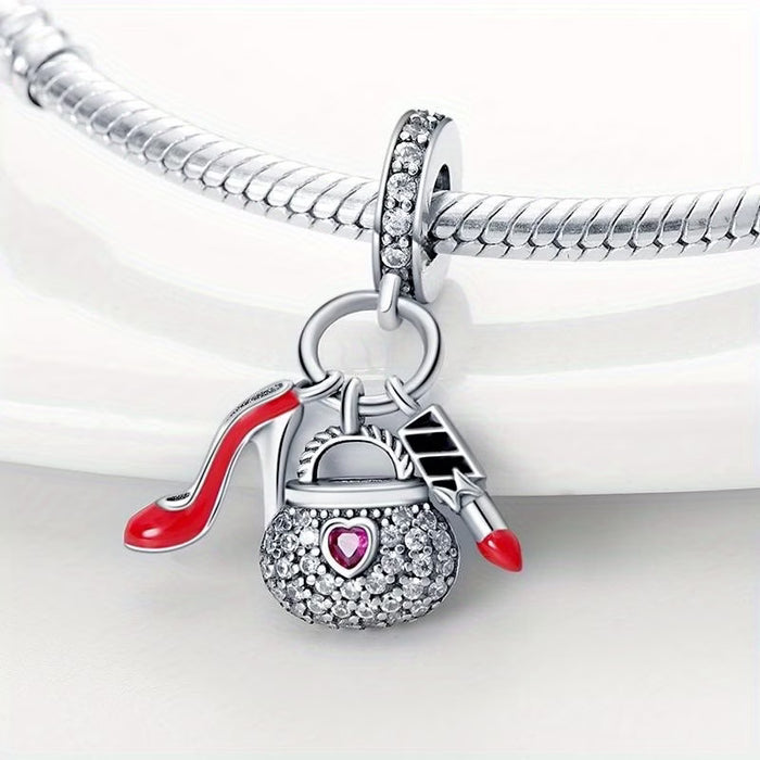 Colgante de tacón alto plateado de 1 pieza con forma de bolso y lápiz labial, adecuado para pulsera