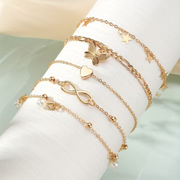 4 Piezas de Cadenas de Tobillo Apilables con Símbolo de Infinito y Cuentas de Mariposa
