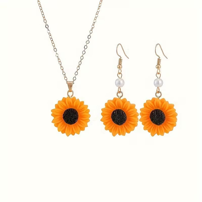 Collar y aretes de girasol de 3 piezas, juego de joyería de moda para mujer para fiesta