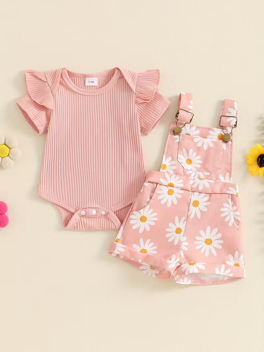 Conjunto de shorts para niñas, mameluco de manga corta con estampado de flores