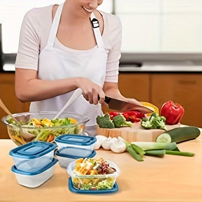 Set de 10 contenedores apilables azules con tapa, ideales para organizar la cocina