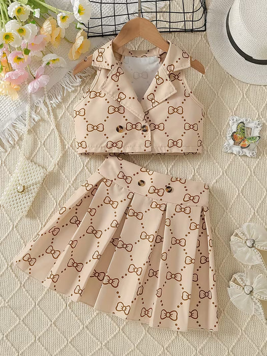 Chaleco sin Mangas con Estampado de Lazo y Falda Plisada para Niñas
