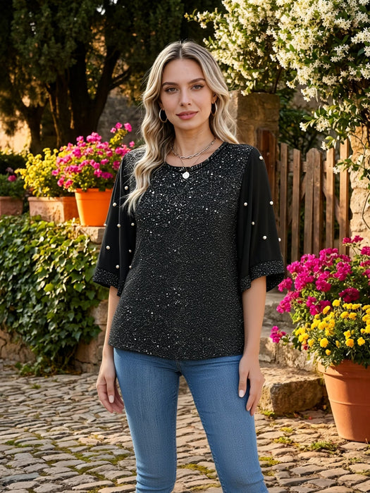 Camiseta de mujer moderna y elegante con láminas brillantes y mangas de perlas
