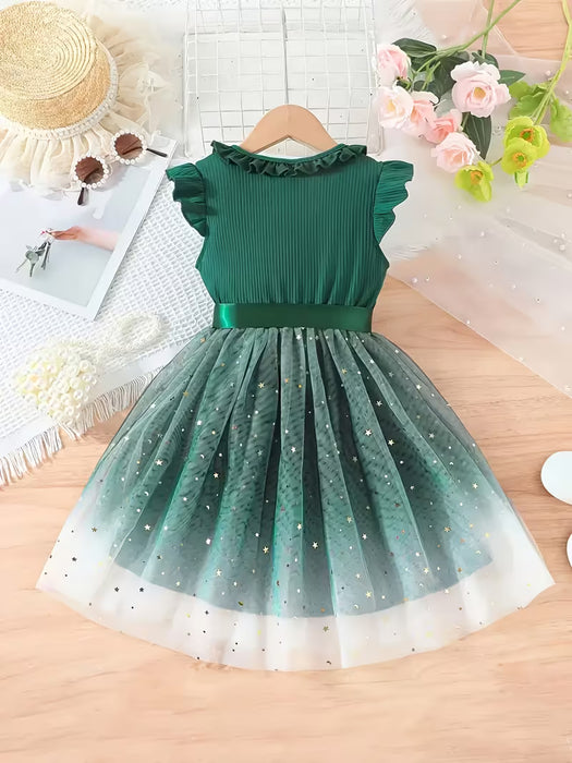 Vestido para niñas, estilo vintage elegante, con lentejuelas estrelladas, malla, volantes y dobladillo