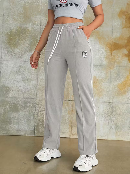 Pantalón de mujer de cintura alta con cordón, estilo recto, estampado de letras.
