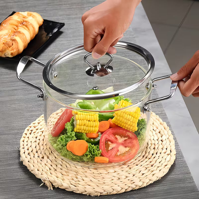 1 olla de vidrio con mango de acero inoxidablecon con almohadilla de aislamiento y estropajo