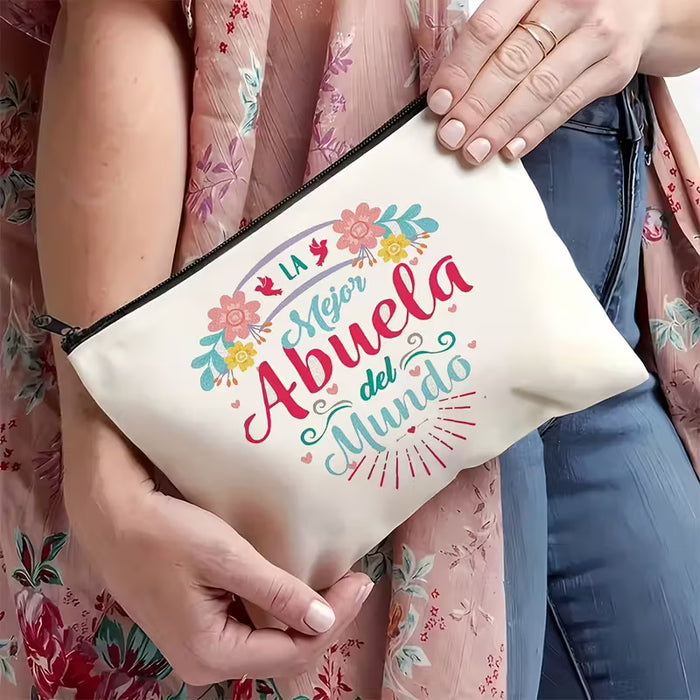 1 ud. de una bolsa de maquillaje con la frase 'La mejor abuela del mundo' con un diseño floral