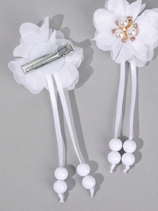2pcs Clips para el cabello con flor blanca, con cola larga decorados con perlas - Quierox - Tienda Online