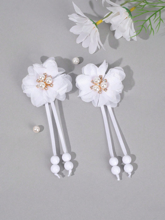 2pcs Clips para el cabello con flor blanca, con cola larga decorados con perlas - Quierox - Tienda Online