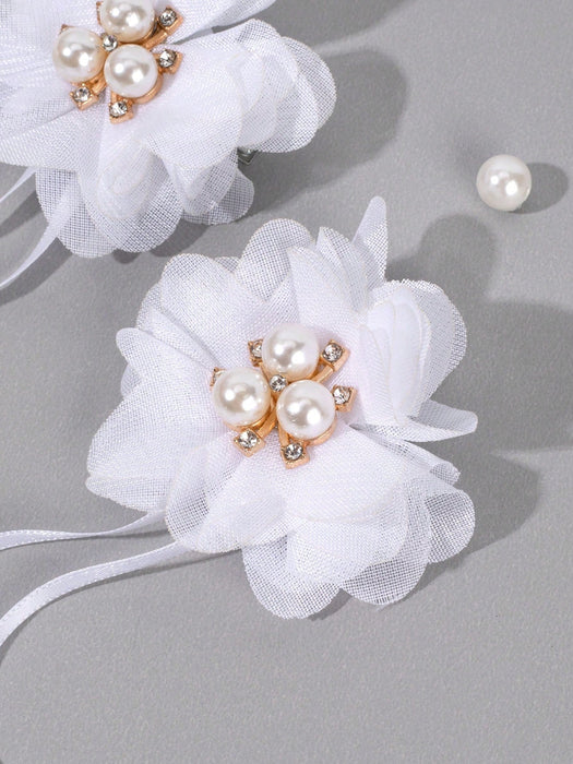2pcs Clips para el cabello con flor blanca, con cola larga decorados con perlas - Quierox - Tienda Online