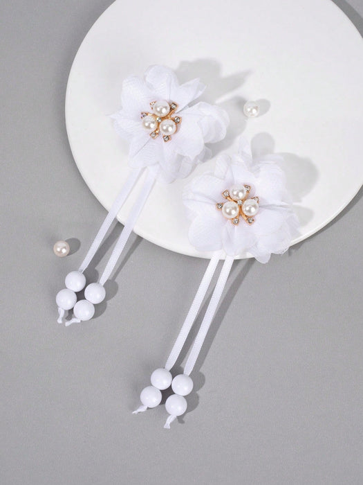 2pcs Clips para el cabello con flor blanca, con cola larga decorados con perlas - Quierox - Tienda Online