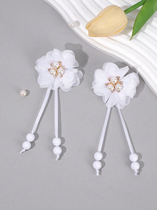 2pcs Clips para el cabello con flor blanca, con cola larga decorados con perlas - Quierox - Tienda Online