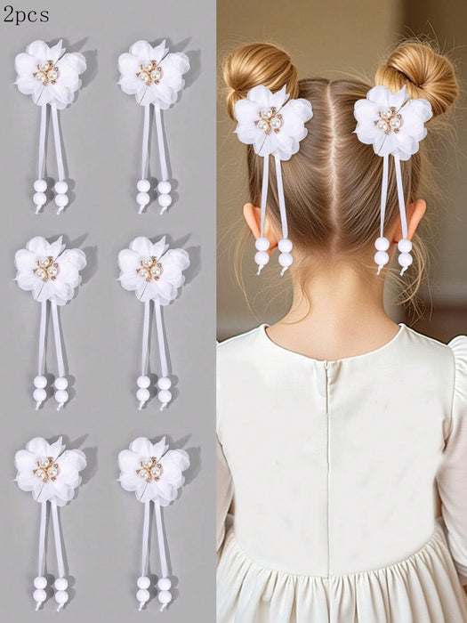 2pcs Clips para el cabello con flor blanca, con cola larga decorados con perlas - Quierox - Tienda Online