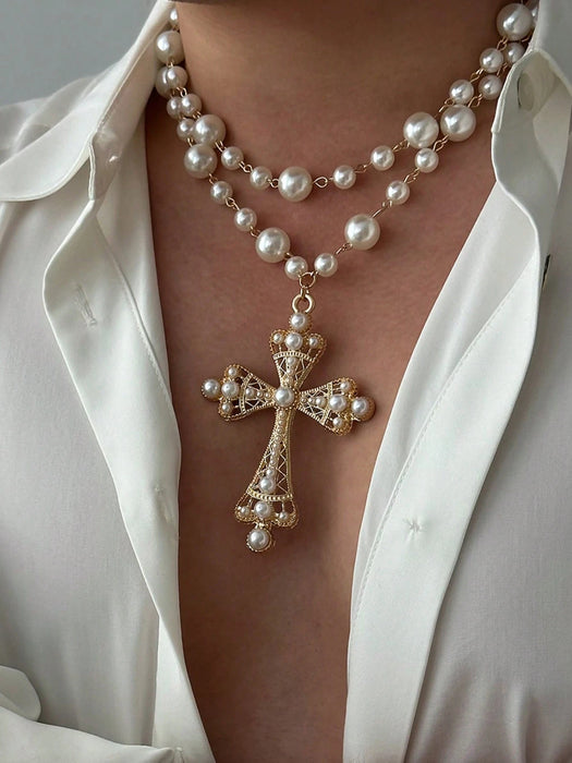 SHEIN Collar de cruz con perlas sintéticas de ABS