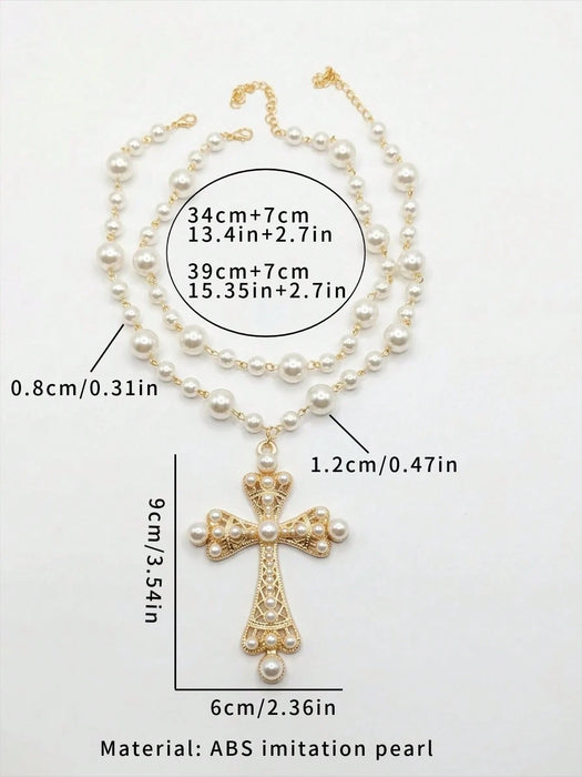 SHEIN Collar de cruz con perlas sintéticas de ABS