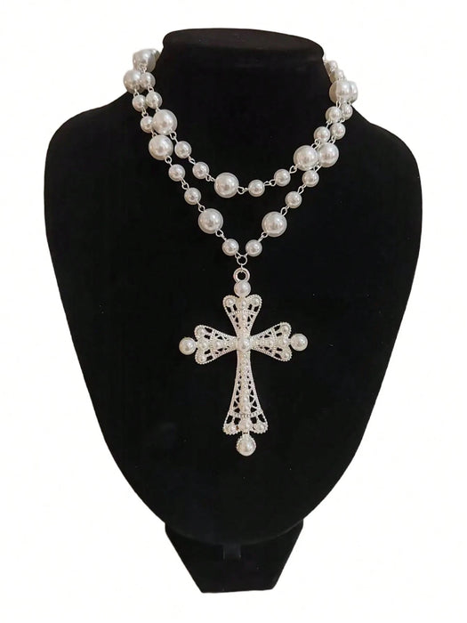 SHEIN Collar de cruz con perlas sintéticas de ABS