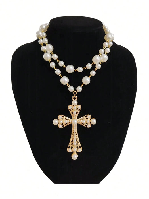 SHEIN Collar de cruz con perlas sintéticas de ABS