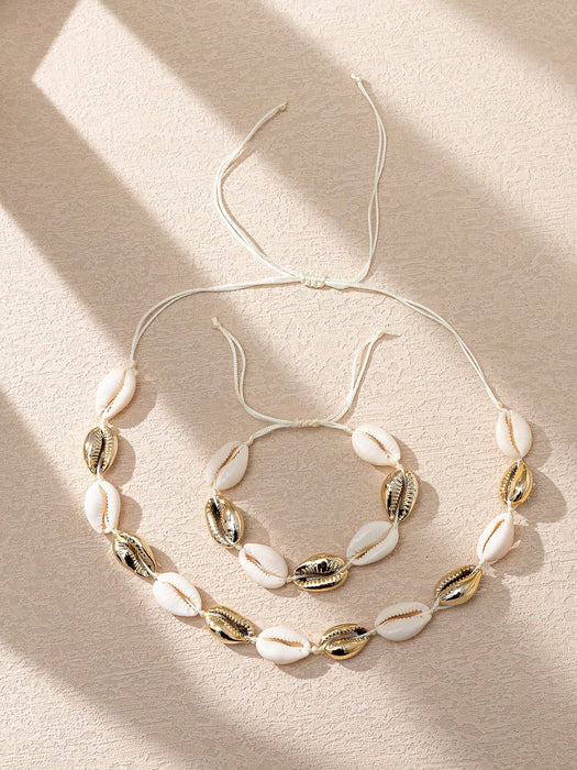Conjunto de 2pcs de collar y pulsera de conchas estilo bohemio en el mar