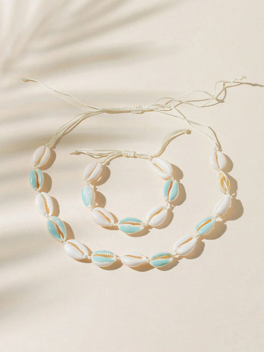 Conjunto de 2pcs de collar y pulsera de conchas estilo bohemio en el mar