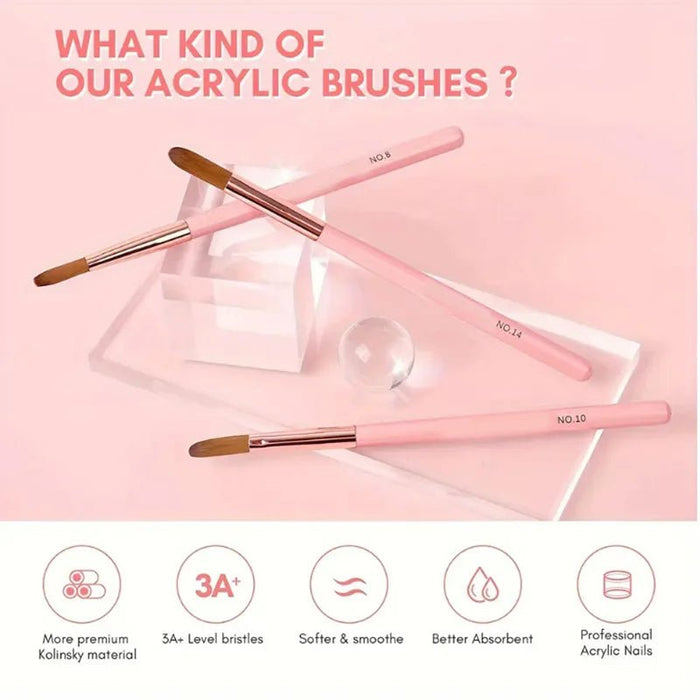 3 pinceles de uñas acrílicas con mango rosa - Quierox - Tienda Online