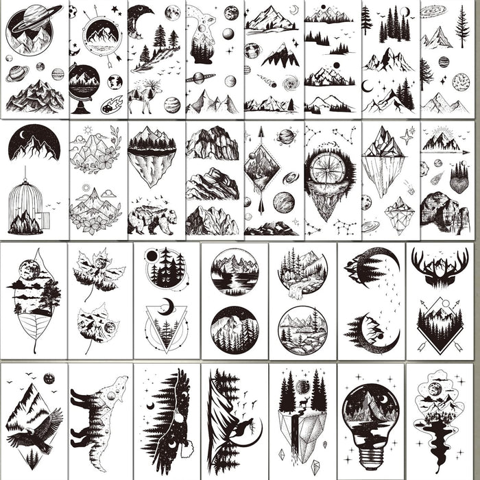 30 hojas de tatuajes temporales30 de planeta negro de montaña para hombres y mujeres - Quierox - Tienda Online