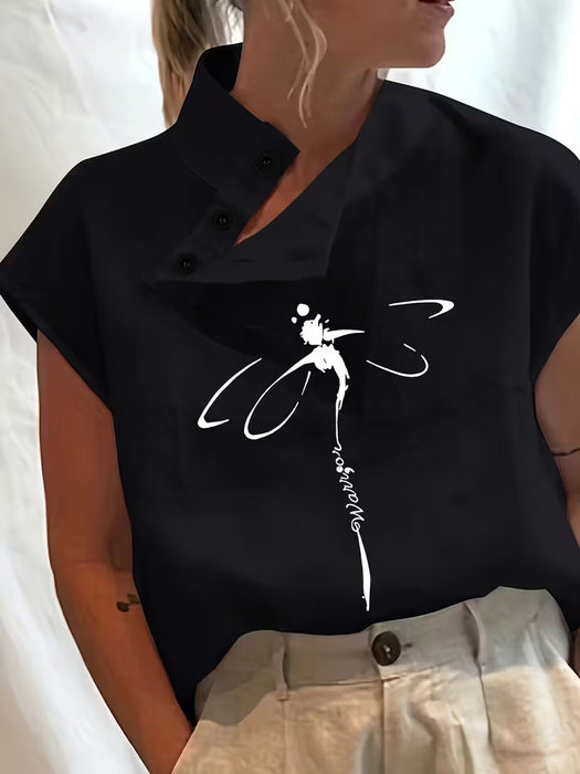 Camisa Elegante de Manga Corta con Estampado de Libélula y Botones Inclinados para Mujer