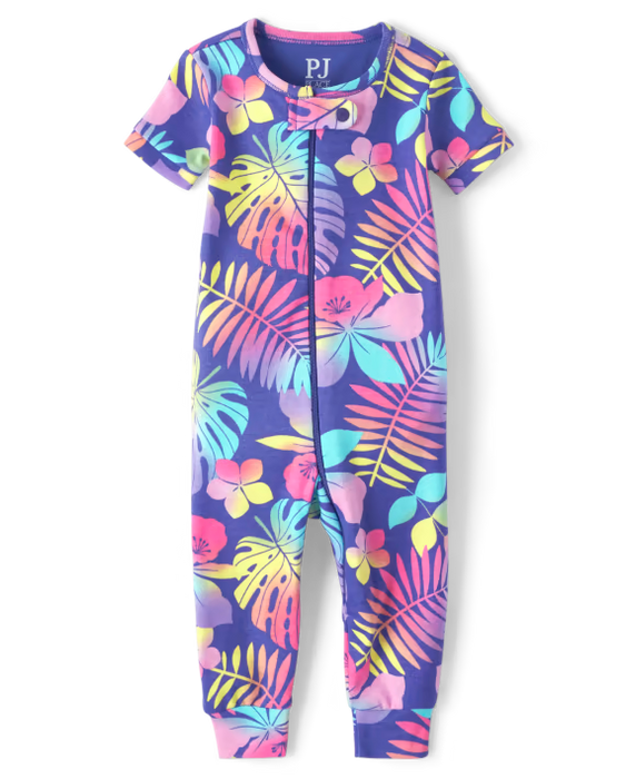 The Children's Place Pijama enterizo de algodón ajustado de una pieza para bebé y niña pequeña con estampado tropical arcoíris