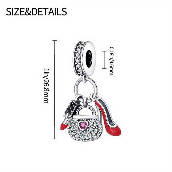 Colgante de tacón alto plateado de 1 pieza con forma de bolso y lápiz labial, adecuado para pulsera