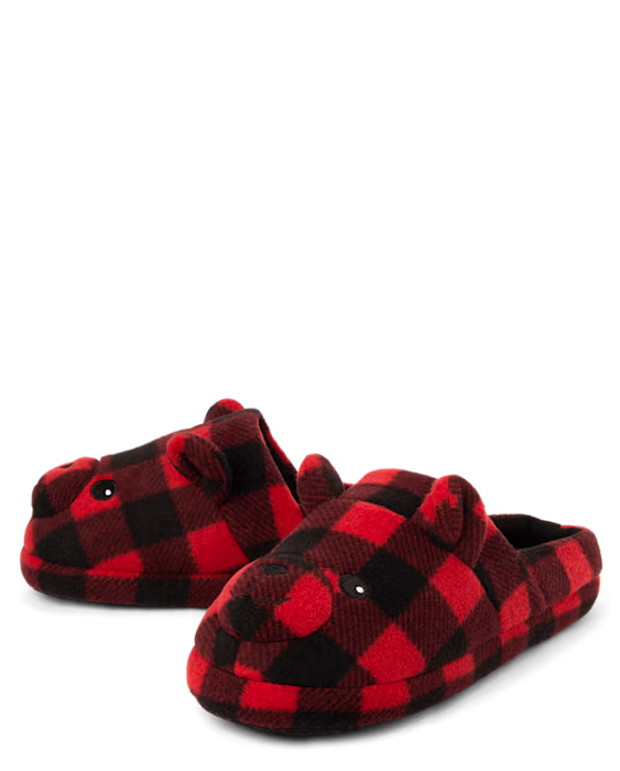 The Children’s Place Pantuflas familiares a juego para adultos con estampado de cuadros de oso - rojo