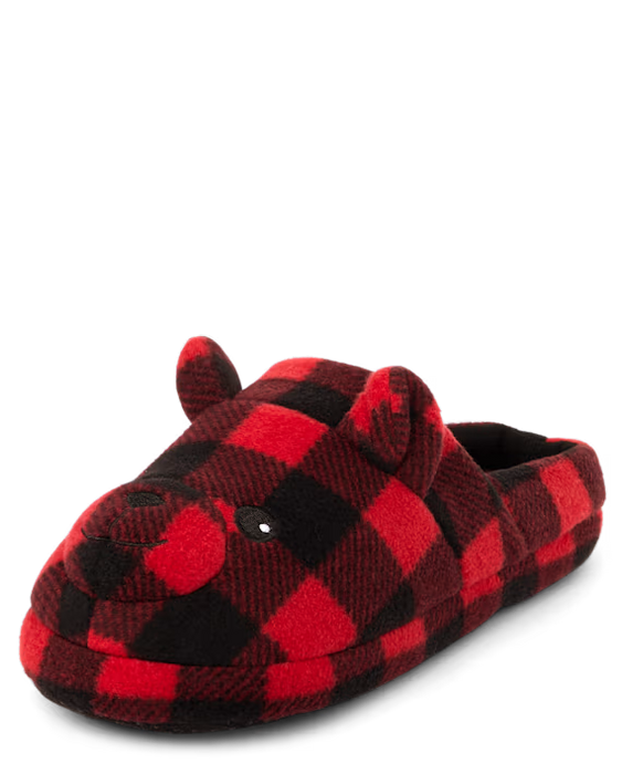 The Children’s Place Pantuflas familiares a juego para adultos con estampado de cuadros de oso - rojo