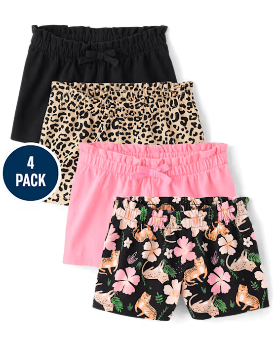 The Children's Place paquete de 4  Pantalones cortos con cintura paperbag de leopardo para niñas