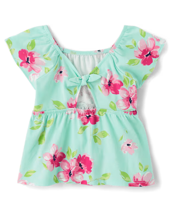 The Children's Place Top babydoll estilo imperio con lazo en la espalda y estampado para niñas pequeñas - aguamarina