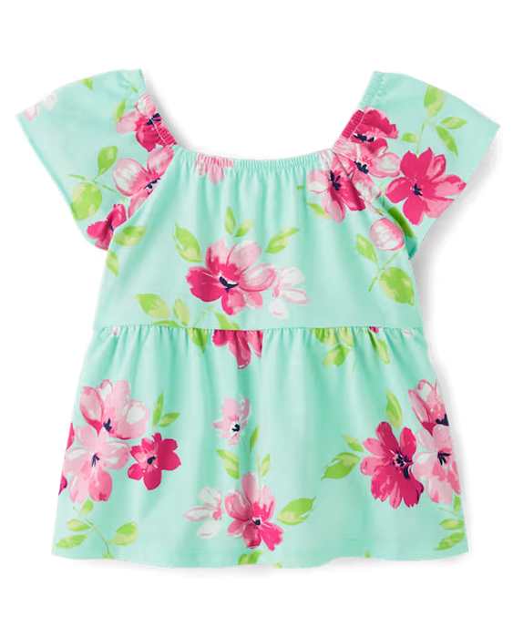 The Children's Place Top babydoll estilo imperio con lazo en la espalda y estampado para niñas pequeñas - aguamarina