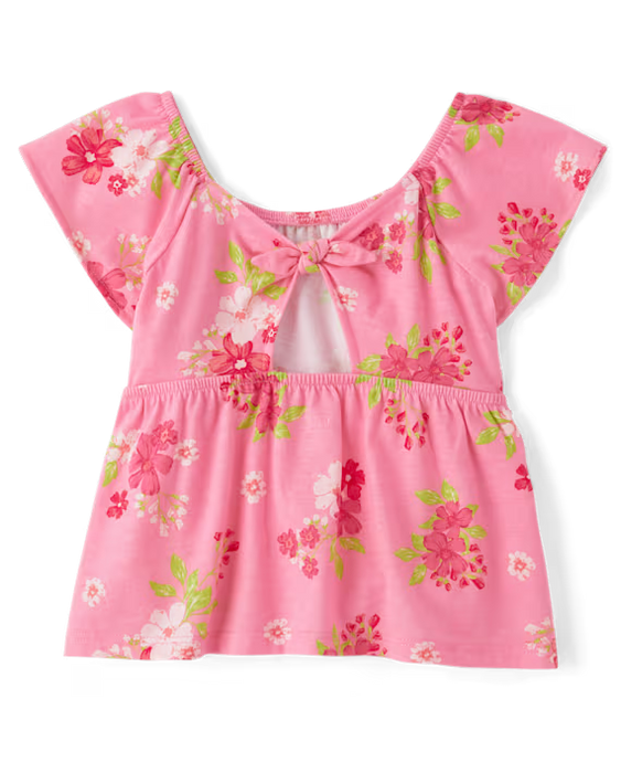 The Children's Place Top babydoll estilo imperio con lazo en la espalda y estampado para niñas pequeñas
