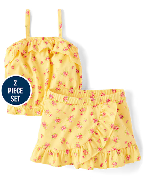 The Children's Place Conjunto de dos piezas para niñas pequeñas con estampado floral y volantes - amarillo