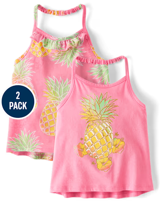 The Children's Place Pack de 2 camisetas sin mangas con cuello halter y estampado gráfico para niñas pequeñas - rosa