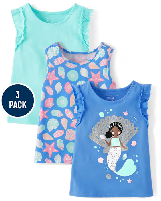 The Children's Place Pack de 3 camisetas sin mangas con volantes y estampado para niñas pequeñas