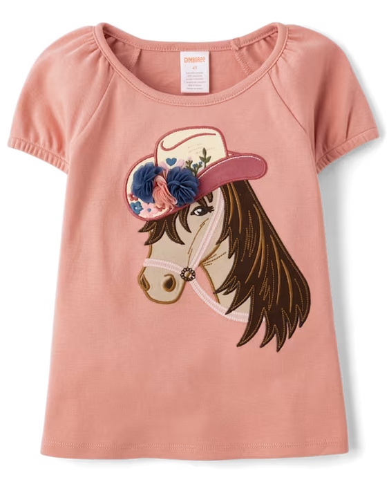 Gymboree Top de manga abullonada con bordado de caballo para niña - Highland Hills - rosa