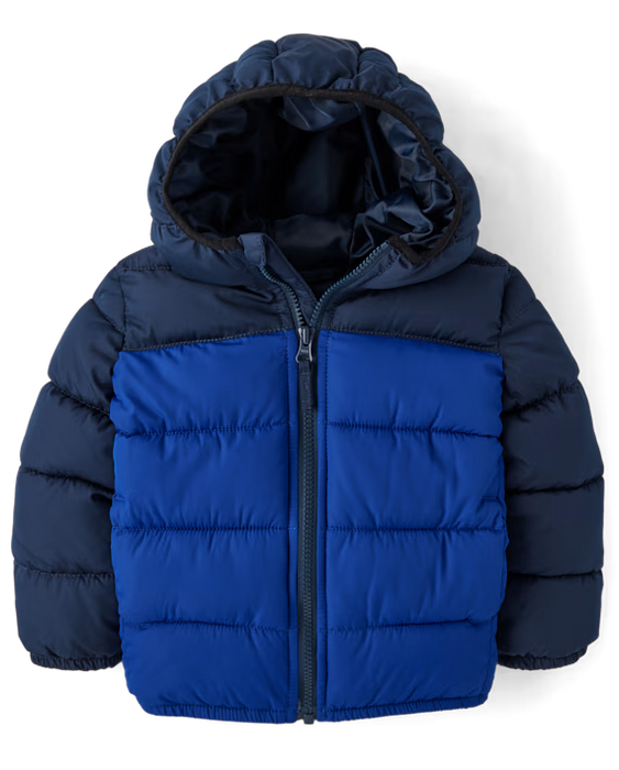 The Children's Place Chaqueta acolchada con capucha y bloques de color para niños pequeños - azul