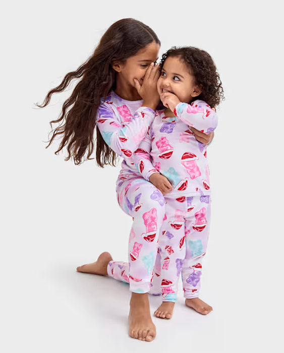 Childrens place Pijama ajustado de terciopelo para niñas con gorro de Papá Noel y osito de caramelo - morado