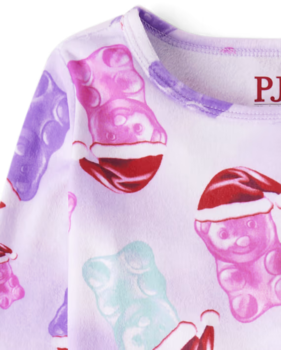 Childrens place Pijama ajustado de terciopelo para niñas con gorro de Papá Noel y osito de caramelo - morado