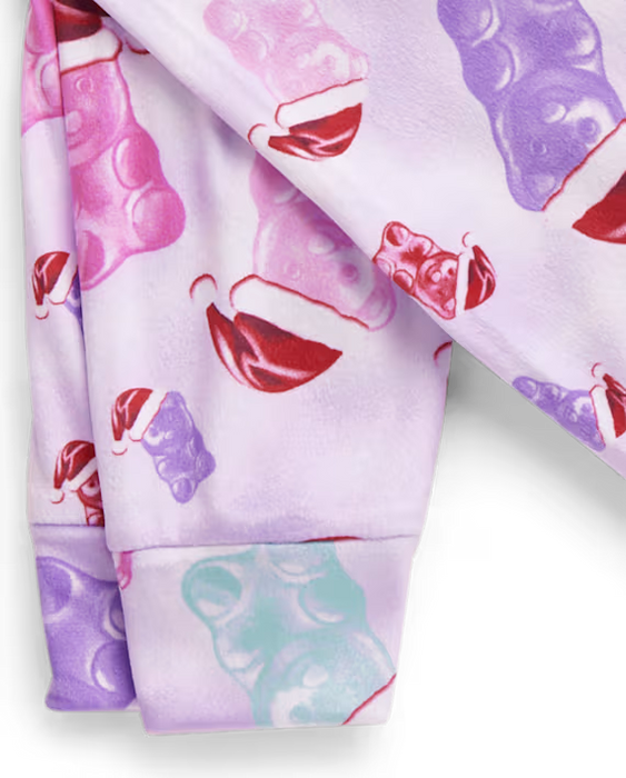 Childrens place Pijama ajustado de terciopelo para niñas con gorro de Papá Noel y osito de caramelo - morado