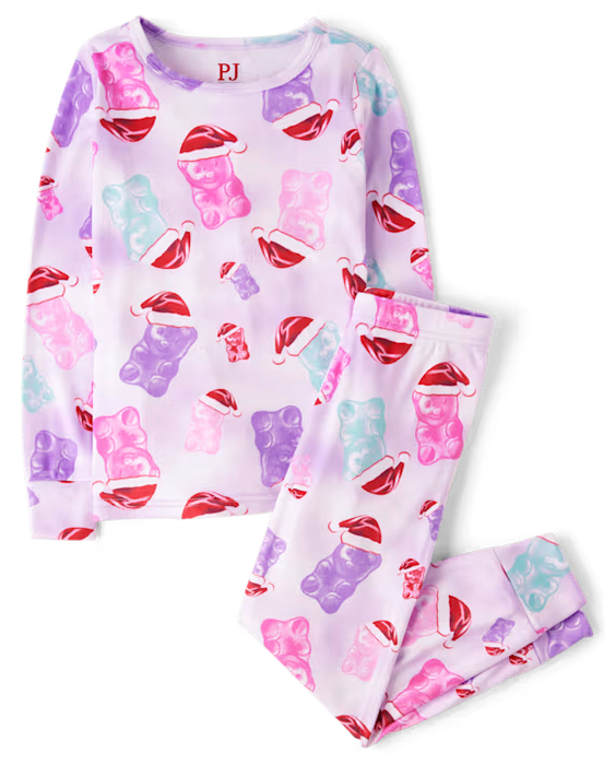 Childrens place Pijama ajustado de terciopelo para niñas con gorro de Papá Noel y osito de caramelo - morado