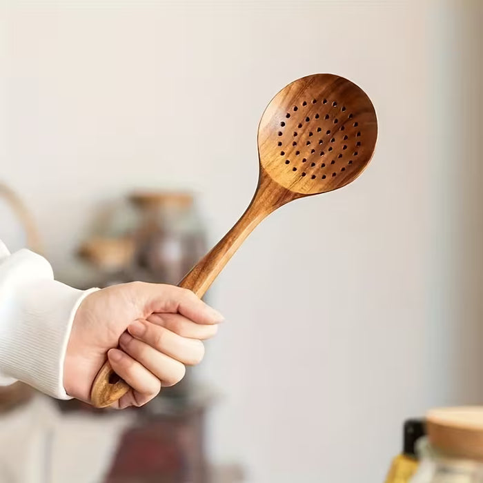 Cuchara ranurada de madera de acacia, utensilio de cocina para escurrir