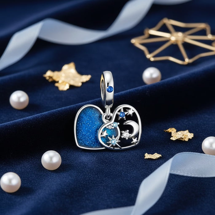 Colgantes de Corazón con Estrellas y Luna en Cielo Nocturno Azul para pulseras y collares