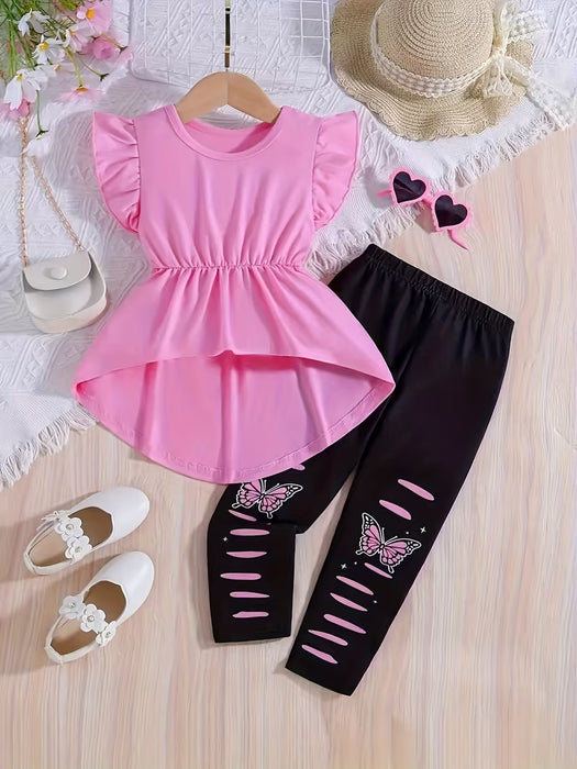 Conjunto de 2 piezas: Camiseta de cuello redondo con mangas con volantes y pantalones con estampado